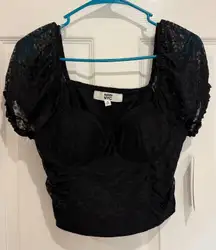 Madden NYC Bustier Crop Top Lace Puff‎ Sleeve Square Neck Blouse Black M
