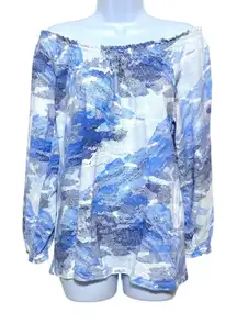 Style & Co Off Shoulder Blue White Blouse Top M Boho Peasant Artsy Flowy Comfy