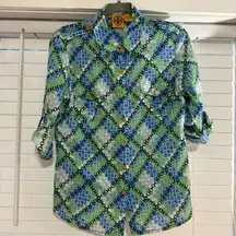 Tory Burch Cotton Chain Link Print Blue and Green Blouse size 10