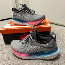 Asics Gray Sneakers with Pink and Blue Gradient Sole