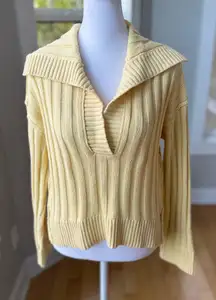 Hippie Rose Butter Yellow Ribbed Polo Collared V Neck Cropped Sweater Sz Medium