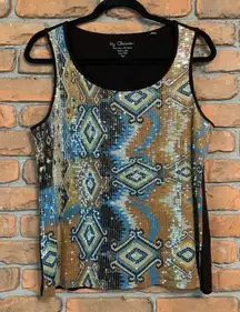 Chico's Women's Y2K Western Sequin Scoop Neck Tank Top Shirt Brown Size‎ Medium