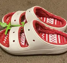 Crocs Classic Cozzzy Sandals Holiday Sweater Red White Lined Womens 10 Mens 8