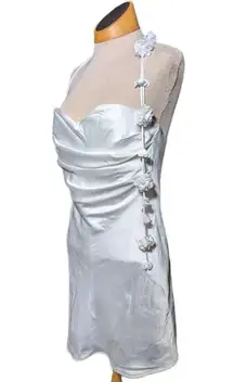 Meshki Otillie White Satin Rose Flower Strap Draped Neck Reception Mini Dress M