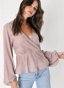 Lulus Loving Arms Taupe Lace Long Sleeve Peplum Top New Medium