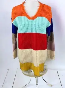 Dress Up Colorful Striped Tunic Sweater V Neck Frayed Trim Size S