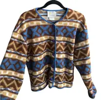 NINON de LENCLOS Vintage 90s Geometric Brown Fleece Cardigan Medium Southwestern
