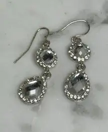 Elegant Crystal Double Drop Silver-Toned Dangle Earrings Dainty Everyday Style