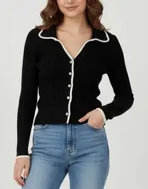 Lulus Black Ribbed Collared Button Up Cardigan Sweater Cream Trim Size M