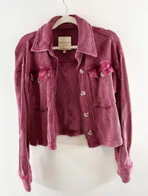 Bagatelle Thermal Waffle Knit Long Sleeve Button Up Shirt Jacket Shacket Red S