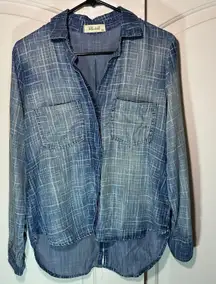 Bella Dahl Denim Plaid Button Down Shirt Tail Blouse Tunic Split Back Tencel XS