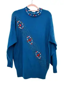 Rina Z Vintage‎ Wool Blend Embellished Beaded Sweater Blue Womens Size Large