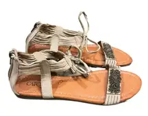 Cato Women's Beige Suede-like Lace-Up Sandals w/ Beaded Accents Zip Back Size 8