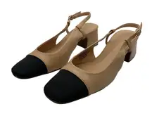 JF Gracie Block Heel Slingback Pumps Beige Black Square‎ Toe Classic Women's 8