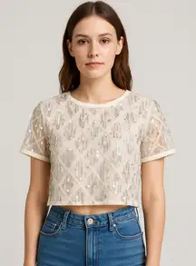 Allegra K Cream White Sequin Crop Top Large