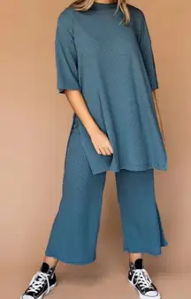 Dressed in Lala Lex Ribbed Playsuit Set Size Large Ocean Blue Wide Leg Lounge