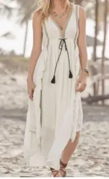 SUNDANCE TALISMAN Baba Boho White Maxi Ruffle embroidered Sleeveless Dress XL