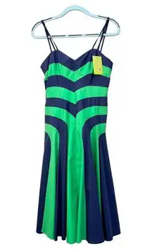 Milly COPY -  Sweetheart Striped Colorblock Fit & Flare Midi Dress Blue Green Wo…