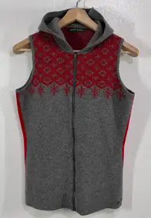 Woolrich Women's‎ Wool Vest Medium Gray Red Fair Isle Hooded Full Zip Sleeveless