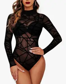 Long Sleeve Bodysuit for Women Turtleneck Sheer Mesh Bodysuit Geo Print