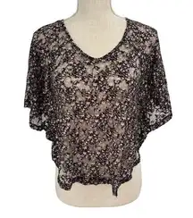 Kirra Top Womens XS Black Mesh Lace Ditsy Floral Stretch Sheer Oversized Blouse