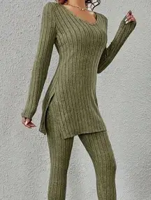 Casual Ribbed Knit Two-piece Set - Army Green - size M