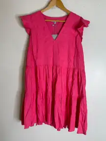 antonio melani Large Pink V Neck Flutter‎ Sleeve A Line Linen Blend Dress CP