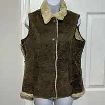 Woolrich Saddle Brown Leaf Embroidered Faux Sherpa Lined Vest Jacket Sz M