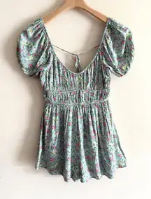 ALTAR'D STATE HAISLEY DOUBLE LAYERED ROMPER DRESS GREEN FLORAL WOMENS S SMALL‎