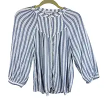 EVEREVE Blue White Striped 100% Rayon 3/4 Sleeve Light Button Up Blouse Size M