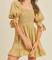 & Merci Women's Yellow Plaid Smocked Babydoll Dress sz Small Puff Sleeve Preppy