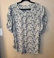 Rose & Olive Puff Sleeve Short Sleeve Floral Blouse Button Down Blue Size 1X