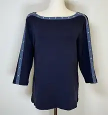Karen Scott Studded Boat Neck Cotton Top Navy 3/4 Sleeve Women’s Petite Large