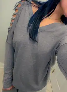 Dark Grey Goth Cut Shoulder Long Sleeve Top