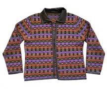 VTG Sigrid Olsen Wool Knit Jacket Cardigan Leather Colorful Women APPROX Medium