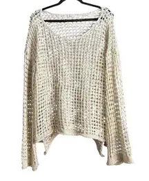 POL Cream V-Neck Sweater with Mesh Knit