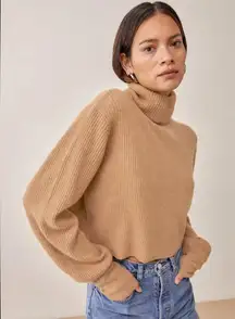 Reformation Louisa camel ribbed cashmere turtleneck cropped sweater XS neutral