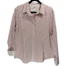 Chico’s Striped Button Up Flip Cuff Blouse Top Red White Size‎ XL