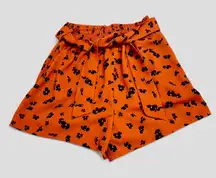 Leith High-Waisted Smocked Floral Print Shorts Orange and Black Floral Small