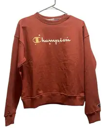 Champion crew neck rust brown stars gold white lettering academia gorpcore norm