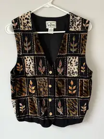VTG Tantrum Funky Black Brown Patterned Vest Retro Cheetah Leopard Print S M