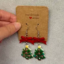 Handmade Red Bow Christmas Tree Earrings