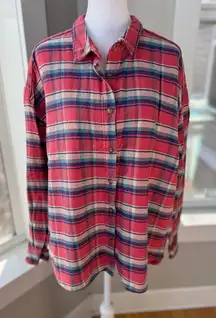 Sundance Coral Pink Blue Plaid Woven Cotton Flannel Button Down Shirt Size Large