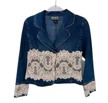 Vintage Berek 2 Takako Sakon Jean Jacket Womens Small Blue Lace Bead Trim Cotton