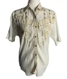 Vintage 90s Button Up Crinkle Blouse M White Short Sleeve Embroidered Cut Outs