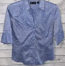 7th Avenue New York & Co Light Blue Button Up Top With White Dots