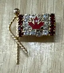 Vintage Canadian Flag Red & Clear Crystal Embellished Brooch‎ EUC