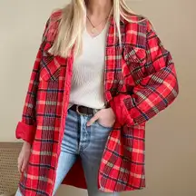 Vintage Plaid Flannel Quilted Collared Shirt Jacket Shacket in Red