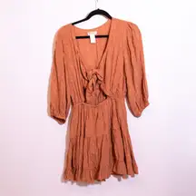 L*Space Stay Golden Twist Knot Tie Front Tiered Pullover Mini Dress Challis Gold