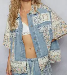 POL HOMEBODY Floral Print Patchwork Western Jean Jacket Sm